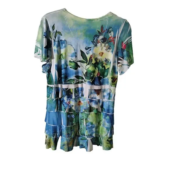 Reina floral Scene  blouse flowy Tier  Layers Long Size 1 Made in the USA - Picture 2 of 7